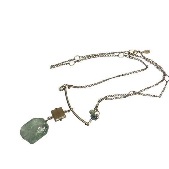 Chicos Long Gold Tone Necklace Chunky Green Translucent Pendant Boho Festival - Picture 4 of 8